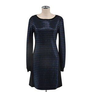 TRINA TURK‎ Dress Womens Sz 6 Metallic Black Blue Stripe Scoop Neck Mini Sweater